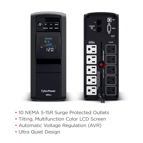 CyberPower CP850PFCLCD PFC Sinewave UPS Battery Backup and Surge Protector, 850VA/510W, 10 Outlets, AVR, Mini-Tower, UL Certified - size: 850VA, style: Mini-Tower