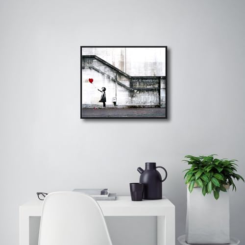 Wieco Art Framed Canvas Wall Art Giclee Canvas Prints of Banksy Grafitti Girl with Red Balloon Abstract Artwork for Wall Decor Home Decorations Black Frame - size: 24"L x 20"W