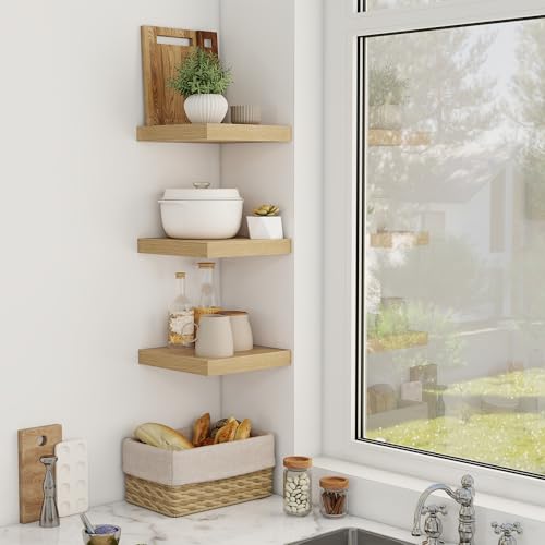 Acovy 12 Inch Floating Shelves, 12" Deep Floating Shelf Wall Mounted, 12" Wall Shelves, Rustic Deep Bookshelf, Extra Deeper Display Shelves & Storage Shelves for Bedroom, Living Room, Set of 3 - color: Oak, size: 12"Wx12"L-3pcs