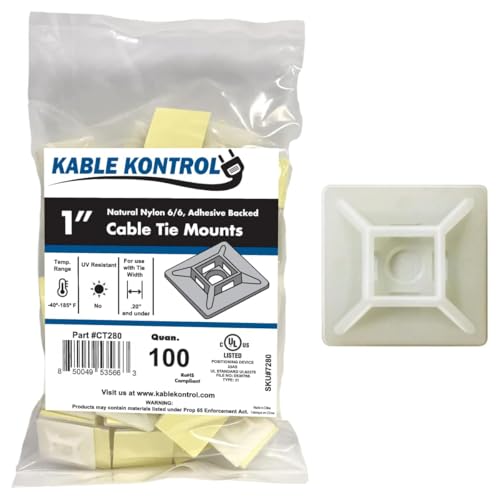 Kable Kontrol Zip Tie Mounts, 1” Sq, Natural White, 100 Pcs, Adhesive Backed Multi-Purpose Mounting Squares Nylon Cable Tie Wrap Anchor Pads for Cable Management - color: White, size: 1" Inch Square - 100 Pcs