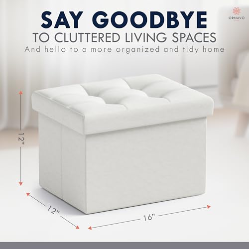Ornavo Home Small Storage Ottoman Foldable Collapsible Rectangle Linen Ottoman Foot Rest Stool Seat, for Living Room, Bedroom, Home Office, Dorm - 12 x 16 x 12, White - color: White