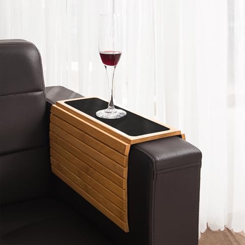 GEHE Couch Arm Tray Table, Flexible/Foldable Sofa Armrest Tray, Couch Armrest Table Cup Holder Great for Drinks Snacks Remote Control, Portable Side Table and Anti-Slip Bottom - color: Natural Bamboo