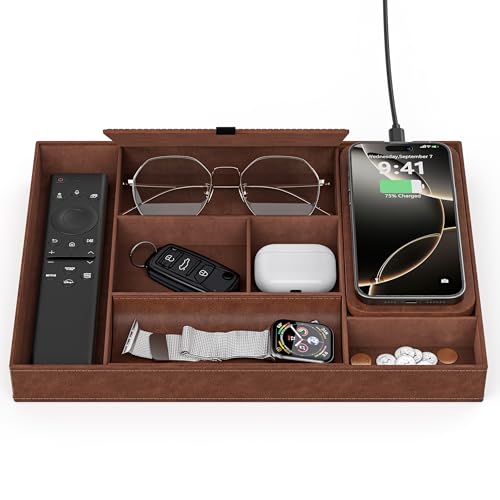 Leather Valet Tray with Wireless Charging Pad - Luxury EDC Nightstand Organizer for Men - Premium Desk Tray for Phone, Watch, Glasses & Keys - Sleek Office Desk Accessories & Gift for Him, Brown - color: Brown
