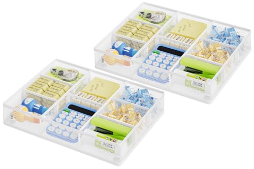 Marbrasse 2P Desk Drawer Organizer, Metal Mesh Drawer Organizer Tray with 5 Adjustable Compartments,Desk Organizers and Accessories for Home,Office,Kitchen,Makeup,Vanity (White) - color: 2Pack White