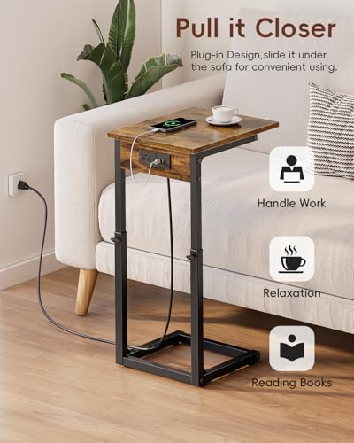 Vagusicc C Shaped End Table with Charging Station, 33"Tall Side Table for Couch, C-Table End Table Adjustable Height Side Table,Slide Under Couch Table TV Tray Table for Sofa,Living Room,Bedroom,Brown - color: Rustic Brown, style: Charging Station
