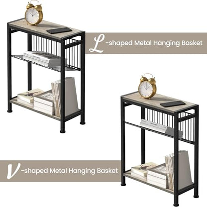 Small Side Table Set of 2 for Small Space, 3-Tier Narrow End Table with Magazine Holder, Slim Nightstand, Skinny Snack Couch Table in Living Room, Bedroom, Kitchen and Balcony (Greige) - color: Greige-2pcs