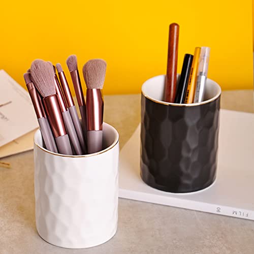 WHJY Ceramic White Pencil Cup, Makeup brushes Holder, Gold Pen Holder for Desk Cute Small Boho Brush Holder, Modern Geometry Design Pen Holder - color: White