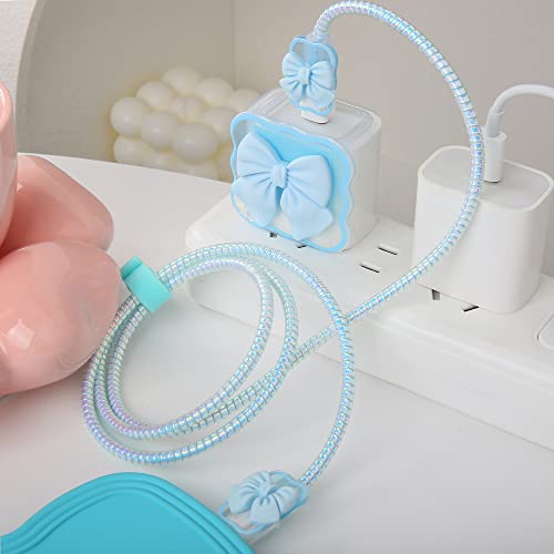 Compatible with iPhone 18W/20W USB-C Charger Cover Cute 3D Bow Tie Design Clear Soft Charger Protector Kawaii Cable Saver for iPhone 11 12 13 14 Pro Max Fast Power Adapter, Blue 2 (5in1) - color: Blue 2 (5 in 1)
