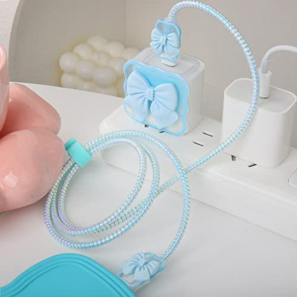 Compatible with iPhone 18W/20W USB-C Charger Cover Cute 3D Bow Tie Design Clear Soft Charger Protector Kawaii Cable Saver for iPhone 11 12 13 14 Pro Max Fast Power Adapter, Blue 2 (5in1) - color: Blue 2 (5 in 1)