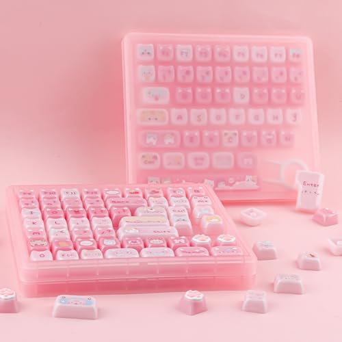Ceramic Jade Cat Keycaps, 142 Keys Translucent Pink Meow Meow Cute Keycaps Mao Profile Custom Keycap with Keycap Storage Box for Cherry Gateron MX Swithes Mechanical Keyboards - color: Meow Meow Pudding