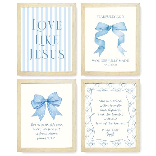 LARTSFRO Coquette Blue Bow Jesus Wall Art Decor Posters, Light Blue Bow Room Bedroom Bathroom Dorm Wall Art Decor Aesthetic for College Teen Girls Gifts, Inspirational Bible Verses Bow Wall Decor, 10x8 Inch Set of 4 Bow Pictures (WOOD-GRAIN IMITATION FRAM