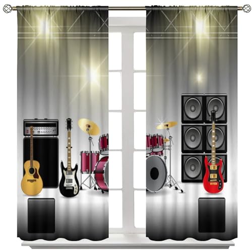 Rock Music Curtains, Teens Boys Electronic Musical Instrument Curtain Guitar Drum Speaker Window Drapes for Bedroom Living Room 42" W X 45" L(No Blackout) - color: Music-9, size: 20.5"W x 45"L (Pack of 2)