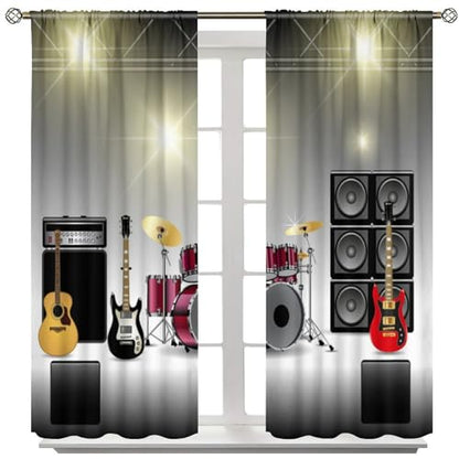 Rock Music Curtains, Teens Boys Electronic Musical Instrument Curtain Guitar Drum Speaker Window Drapes for Bedroom Living Room 42" W X 45" L - color: Music-9, size: 21"W x 45"L (Pack of 2)