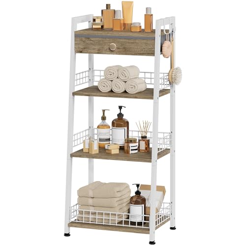 Gewudraw 4-Tier Ladder Shelf with Drawer, Bathroom Table Stand for Small Space, Standing Bathroom Shelves with Storage for Living Room Kitchen Bedroom, Organizer Shelf, White - color: White, size: 4 Tier Standard