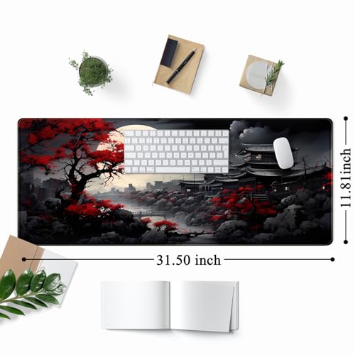 Riverside Full Moon Desk Mat Japanese Desk Pad Black Red Large Mouse Pad Gaming Mousepad Extended XXL Keyboard Pad 31.5 x 11.8 in Laptop Computer Mouse Keyboard Mat for Office Decor - color: Black Full Moon