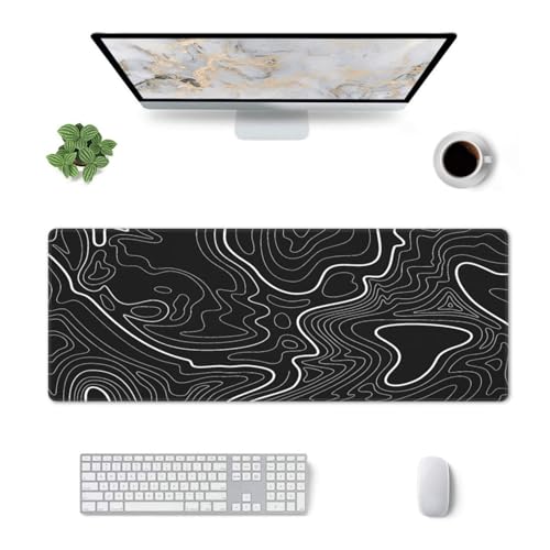 Black Topographic Contour Extended Big Mouse Pad Large,Gaming Mouse Pad Desk Pad,31.5x11.8x0.12 Inch Long Computer Keyboard Mouse Mat Mousepad Non-Slip Base and Stitched Edge for Gaming and Office - color: BlackTopographic Contour, size: 31.5Lx11.8W inche