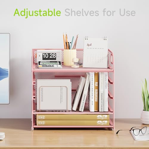 Cawukege 5 Tier Paper Organizer with Handle, Pink Metal Mesh Desk Organizer File Folder Paper Letter Tray Desktop Document Sorter for Classroom, School, Office Accessories Organization and Storage - color: Pink
