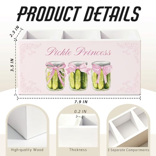 Pink Coquette Bow Pickle Pen Pencil Holder for Desk, Pickle Lovers Gifts for Women, Preppy Pink Girly Wooden Box Sign Decorations for Girls Bedroom Room Dorm Desk Tabletop - color: 06- Pickle Princess (white)