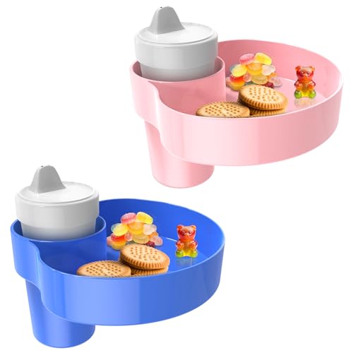 2 Pack Car Seat Cup Holder Snack Tray: Travel Tray for Kids Car Seat Food Tray for Kids Travel, Toddler Carseat Eating Plate Table, Kid Road Trip Table Essentials Accessories, Pink+Blue - color: Pink+Blue(2Pack)