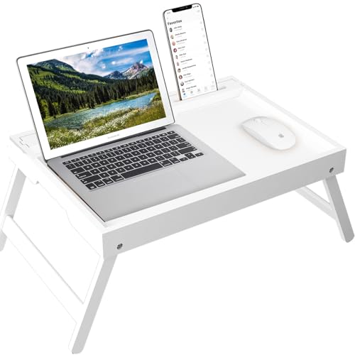 Artmeer Bed Tray Table with Folding Legs, Bamboo Breakfast Food Tray with Media Slot, Use As Platter, Laptop Desk, Snack, TV Tray Kitchen Serving Tray (White Extra-Large Size) - color: White, size: X-Large