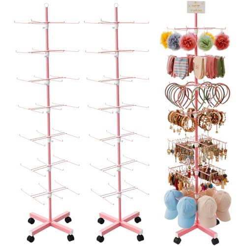 Ripeng 2 Pack 7-Tier Rotating Retail Display Stand, Adjustable Spinning Rack with Wheels for Jewelry Earrings Keychains Craft Shows Vendor Events, Pink - color: Pink, size: 7 Tier