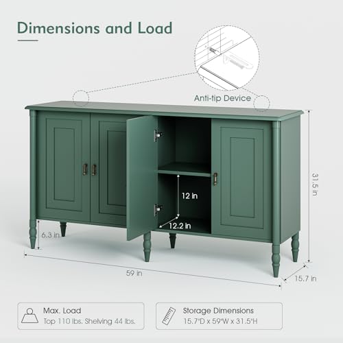 Jiansu furni Buffet Cabinet with Storage, 59" Vintage Sideboard,Credenza Coffee Bar for Kitchen, Dining Room, Entryway, Living Room, Green - color: Green