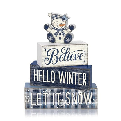 Britimes 4 Pcs Christmas Snowman Table Decor Winter Tiered Tray Decorations Set Believe Hello Winter Let It Snow Stack Block Signs Gift Rustic Farmhouse Tabletop Decor for Table & Home Office - style: Christmas Snowman