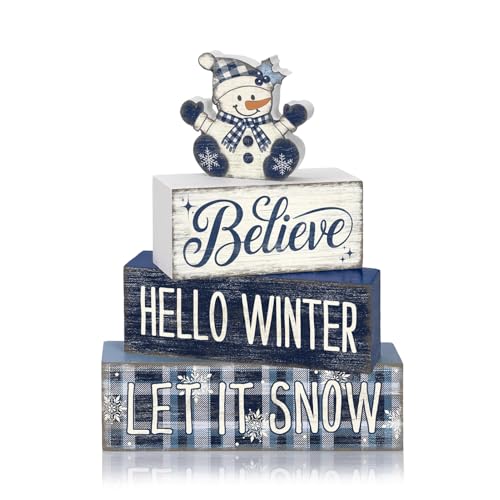 Britimes 4 Pcs Christmas Snowman Table Decor Winter Tiered Tray Decorations Set Believe Hello Winter Let It Snow Stack Block Signs Gift Rustic Farmhouse Tabletop Decor for Table & Home Office - style: Christmas Snowman