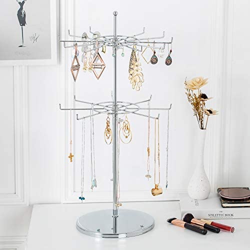 Dual Adjustable (Total Height & Tier Heighs) CounterTop Spinner Display Stand, Heavy Duty 2-Tiers, Silver - color: Silver
