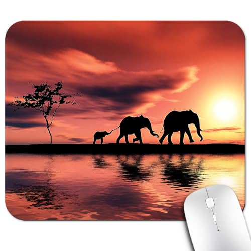 Elephant Family Silhouettes Mouse Pad, Animals By River at Sunset Desk Mat | Wild Landscape, Anti-Slip Rubber Base, Silky Smooth Surface, Cute Office/Gaming Mousepad - color: Color_CNn