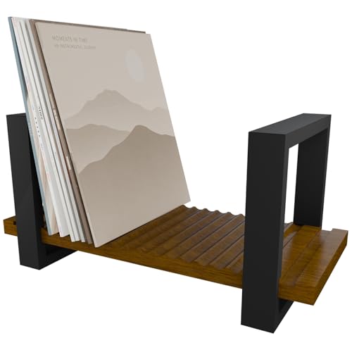 Vinyl Record Holder, Adjustable LP Storage Rack for Up to 57 Single Records, Wooden Record Organizer with Grooved Base, Mid Century Modern Record Display Stand - Tool-Free Assembly - color: Light Brown