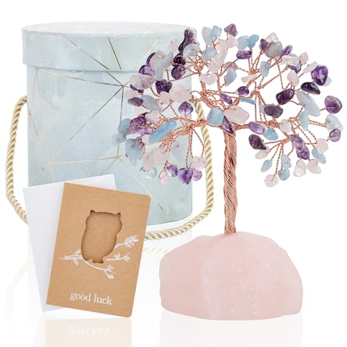 ZenBless 7 Chakra Healing Crystals Stones Tree of Life, Feng Shui Money Tree,Little Fake Bonsai Zen Spiritual Home Living Room Cubicle Office Desk Decor and Accessories for Women - color: Rose Quartz & Amethyst & Aquamarine_stone Pedestal