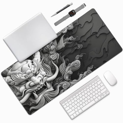 Extended Gaming Desk Mat, XXL Japanese Demon MaskDesign,Non-Slip Rubber Base, Ultra Smooth Surface, 35.4 x 15.7 Inches - color: Samurai