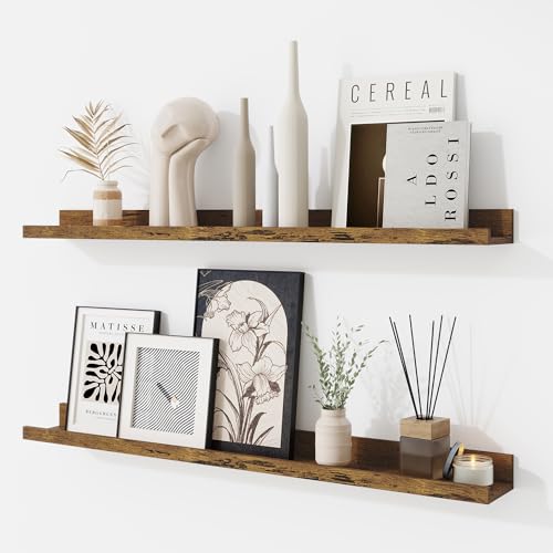 RICHFOCUS Picture Ledge Shelf, 30 inch Floating Shelves Set of 2, Wood Wall Shelves with Lip, Wall Decor Storage for Bedroom Living Room Bathroom Kitchen Nursery Photo Picture, Rustic Brown - color: Rustic Brown, size: 30 Inch, set of 2