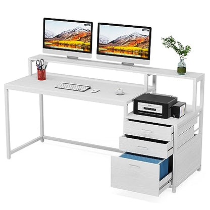 Tribesigns 63 Inch Computer Desk with File Drawer Cabinet, Ergonomic Office Desk with Monitor Stand, Computer Table with Printer Space, Wood PC Table Workstation Desk for Home Office, White - color: White