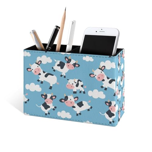 Famame Clouds Cute Cow Pencil Holder for Desk, Leather Desktop Container Pen Cup Storage Study Table Pen Organizer Makeup Brush Holder for Classroom Office Home - color: Clouds Cow