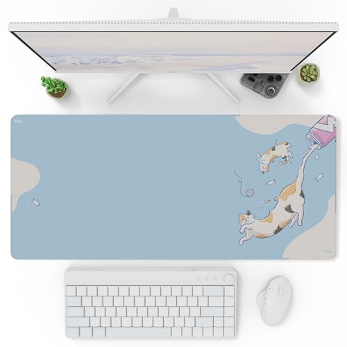 Pixio Mouse Pads - 36 x 16 inch XXL Milky Cats Blue Multifunctional Large Desk Mats for Gaming, Office, Desktop Anti-Slip Waterproof Washable Computer Mouse Mat - color: Blue Milky Cat