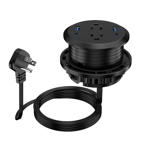 3 inch Desktop Power Grommet with PD 20W USB C,Furniture Recessed Power Strip,2 Outlets,4 USB Ports,40W Total,Flush-Mount for Desktop, Workspace Essential Desk Outlet (Black, 6 FT Cable)