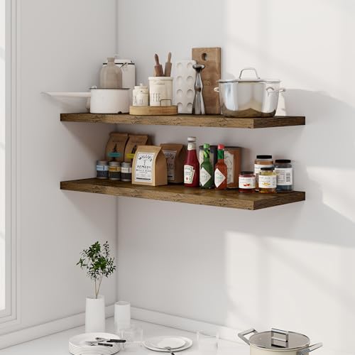 Dreamland 40" Floating Shelves for Wall, 12" Deep Slim Rustic Brown Floating Shelves, Wall-Mounted Shelves for Bedroom, Living Room, Kitchen, Bathroom - Set of 2