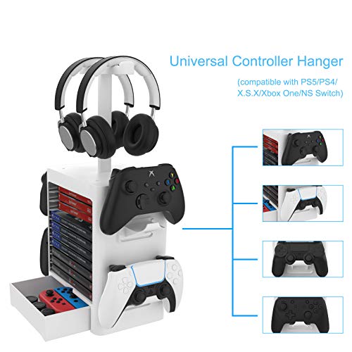 Multifunctional Game Disk Storage Tower Holder,Game Disk Rack and Controller/Headset Stand Holder Compatible with Xbox Series X/Nintendo Switch/PS5/PS4-White - color: white