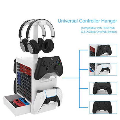 Multifunctional Game Disk Storage Tower Holder,Game Disk Rack and Controller/Headset Stand Holder Compatible with Xbox Series X/Nintendo Switch/PS5/PS4-White - color: white