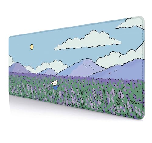 IMAYONDIA Anime Lavender Desk Mat Cute, Green Purple Blue XL Large Gaming Mouse Pad for Laptop, Kawaii Landscape Japanese Deskmat, Mousepad Computer Pad, 31.5 X 11.8 Inch - color: Lavender Landscape