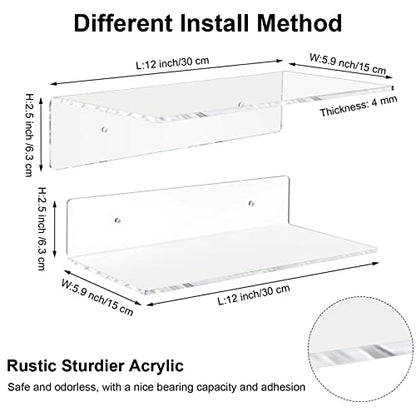 Vinsot 8 Pack Acrylic Floating Shelves 12 Inch Clear Acrylic Wall Display 4 mm Thick Invisible Book Shelves for Bedroom Living Room Bathroom Office Wall