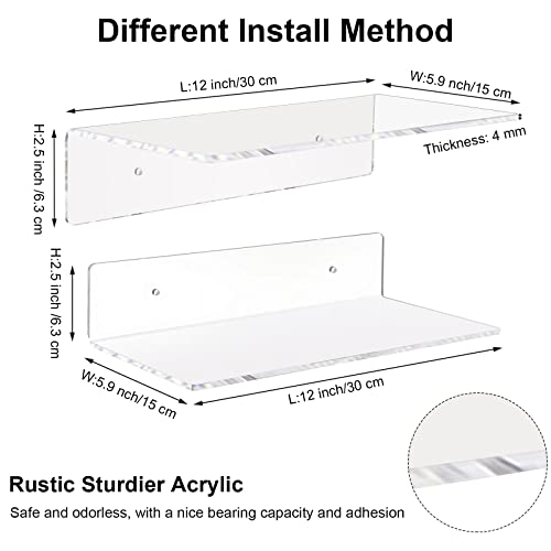 Vinsot 8 Pack Acrylic Floating Shelves 12 Inch Clear Acrylic Wall Display 4 mm Thick Invisible Book Shelves for Bedroom Living Room Bathroom Office Wall