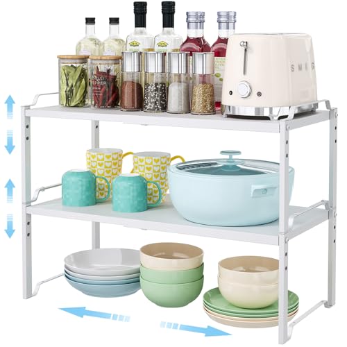 2 Pack 11” Depth Expandable Kitchen Cabinet Organizer Shelves, Heavy Duty Kitchen Countertop Organizers and Storage Rack, Stackable Metal Small Storage Shelf For Pantry Counter Cupboard Organization - color: White