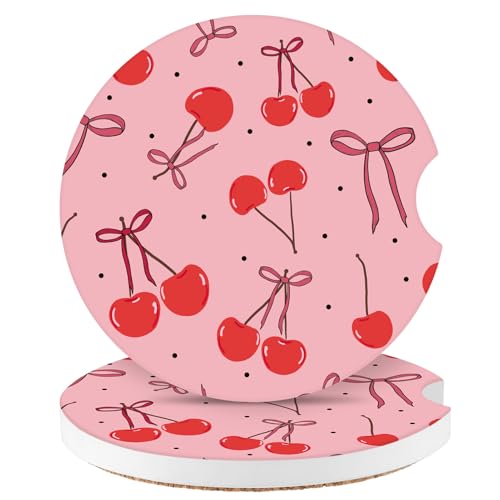Cute Cherry Car Coasters,Absorbent 2 Pack for Cup Holders with Finger Notch,2.56 inches Ceramics Heat Resistant Anti Slip Cork Base Car Drinks Coasters Auto Cup Holder - color: Cherry Bows1