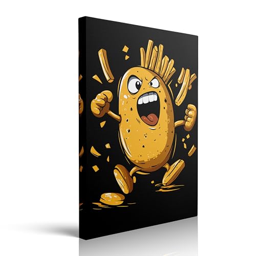 Funny Potato framed canvas wall art Cartoon Snack Kitchen Decor 12x16inches | Funny potato canvas with cartoon fries and black background adds playful snack shop energy to kitchen dining room wall decor - color: Funny Potato, size: 16"L x 12"W