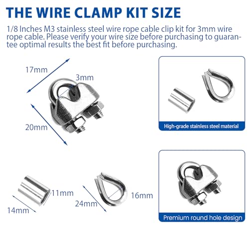 60PCS 1/8 Inches M3 Stainless Steel Wire Rope Cable Clip Clamp & M3 Thimble & M3 Aluminum Crimping Loop Sleeve (3 Styles 20PCS Each), Cable Clamp Fasteners for 1/16"-1/8" Wire Rope for Outdoors - size: 60pcs-M3(1.5mm-3mm)