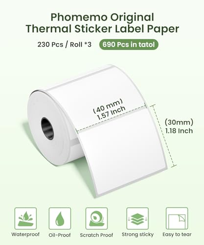 Phomemo M110 Labels Compatible with Phomemo M110/M120/M200/M220/M221 Label Printer, Multi-Purpose Label Tape Self-Adhesive Thermal Paper, Black on White, 1.57"x1.18" (40x30mm) 690 Labels/3Roll - size: 1.57"x1.18", style: 3 Rolls
