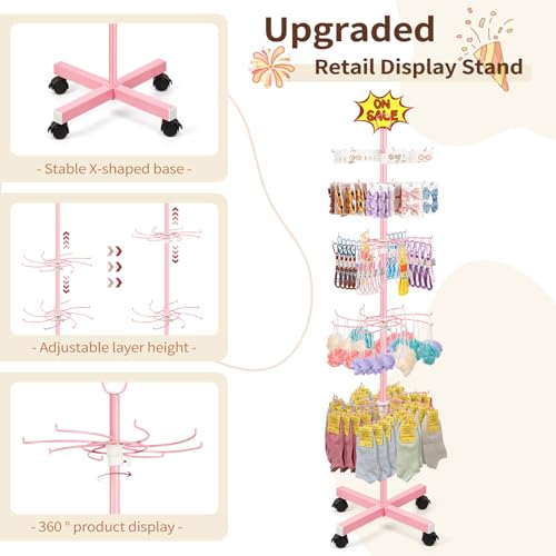 Flenpptly Retail Display Stand, 5-Tier Rotating Display Rack for Store Display, Movable and Adjustable Spinning Display Stand for Earrings, Jewelry, Keychains, Socks Display (Pink) - color: Pink